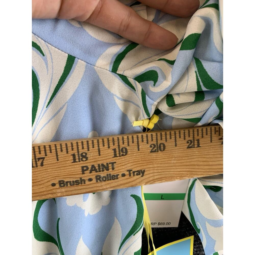 CeCe Ruffle Sleeve Blouse L Damask Blue Green Off Shoulder Smocked Waist Top New - Picture 7 of 10
